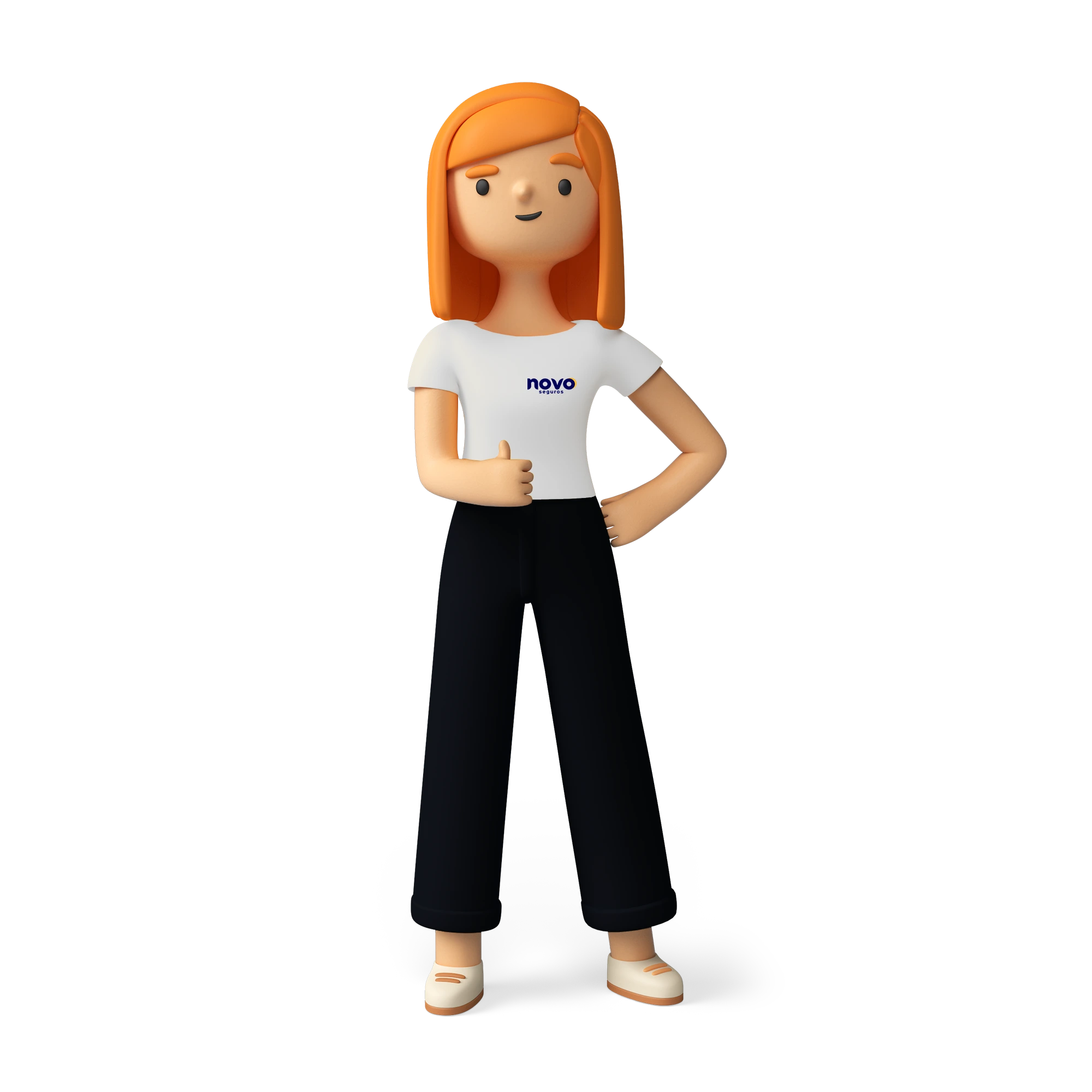 Ilustração 3D de personagem da Novo Seguros fazendo joia