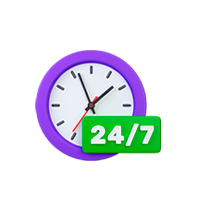 Ícone no estilo 3d de um relógio roxo, com uma barra na frente escrito 24/7 simbolizando assistência 24 horas por semana