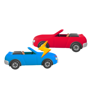 Ícone no estilo 3d de 2 carros coloridos com um raio ao meio, simbolizando uma colisão