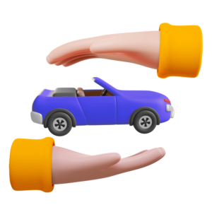 Ícone no estilo 3d de duas mãos, com as mangas da roupa na cor amarela e um carro na cor azul ao meio, simbolizando danos materiais