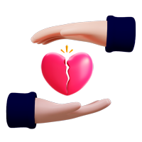 Ícone no estilo 3d com duas mãos em volta de um coração quebrado, simbolizando app, morte ou invalidez