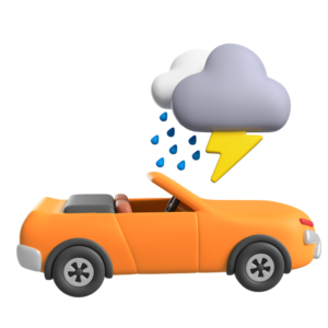 Ícone no estilo 3d de um carro conversível na cor laranja, com duas nuvens com um raio e chuva por cima, simbolizando fenômenos da natureza