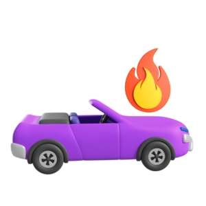 Ícone no estilo 3d de um carro conversível na cor roxa, com um ícone de chama de fogo por cima, simbolizando incêndio do veículo