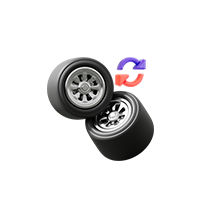 Ícone no estilo 3d de dois pneus com um símbolo de duas setas em sentido circular, simbolizando troca de pneus