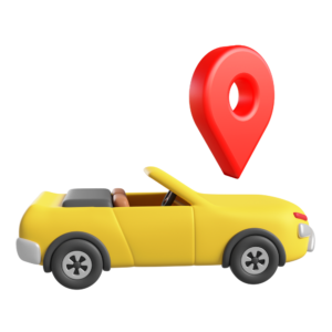 Ícone no estilo 3d de um carro conversível na cor amarela, com um ícone de pin na cor vermelha por cima, simbolizando rastreio de veículo