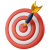 Ícone no estilo 3d de um alvo nas cores vermelha e branca, com um dardo nas cores preta e amarela, espetado ao centro, simbolizando visão da novo seguros