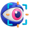 Ícone no estilo 3d de um olho com a parte de fora na cor azul e a íris rosa, com um alvo quadrado ao lado de fora, simbolizando visão da novo seguros